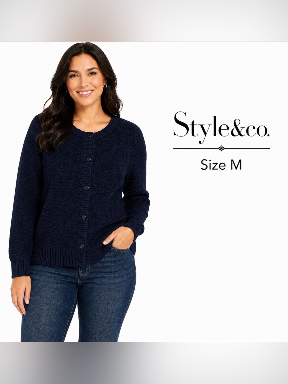 STYLE & CO navy blue knit cozy cotton sweater cardigan size M
